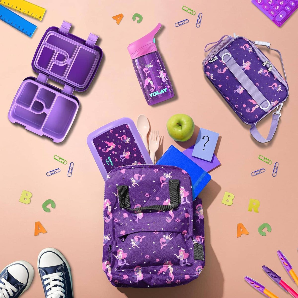 Kids purple water bottle with matching lunch bag and straps, plus school supplies