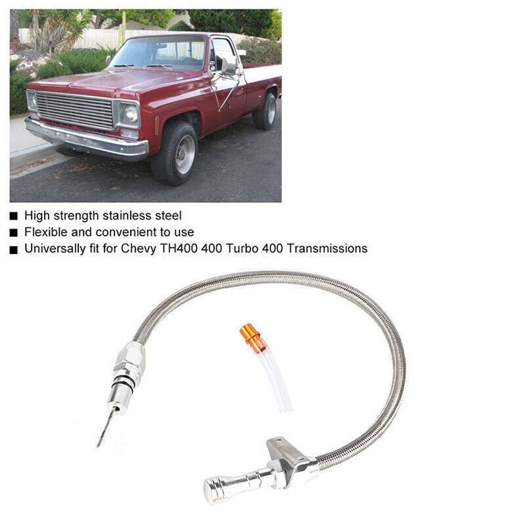 Flexible stainless transmission dipstick with braided hose and end mounting hardware