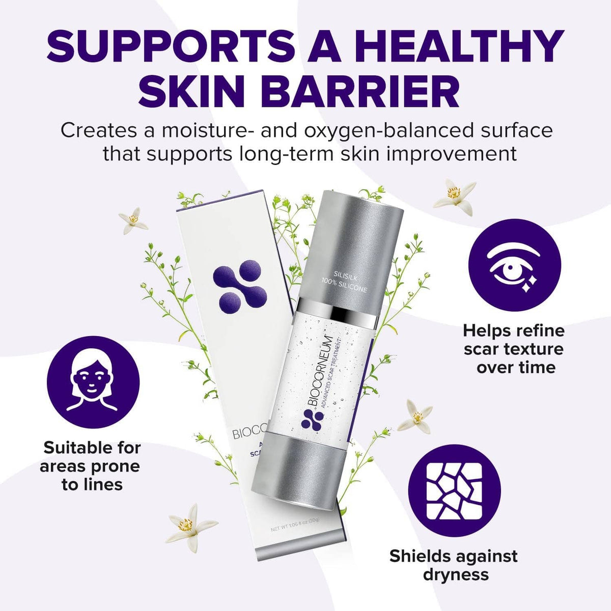 Biocorneum Silisilk 100% silicone scar gel bottle with matching silver tube