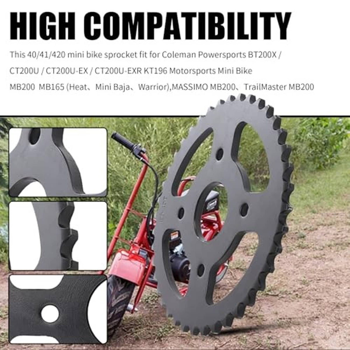 Black 40T 420 mini bike chain sprocket with 40mm bore, mounted on a wheel