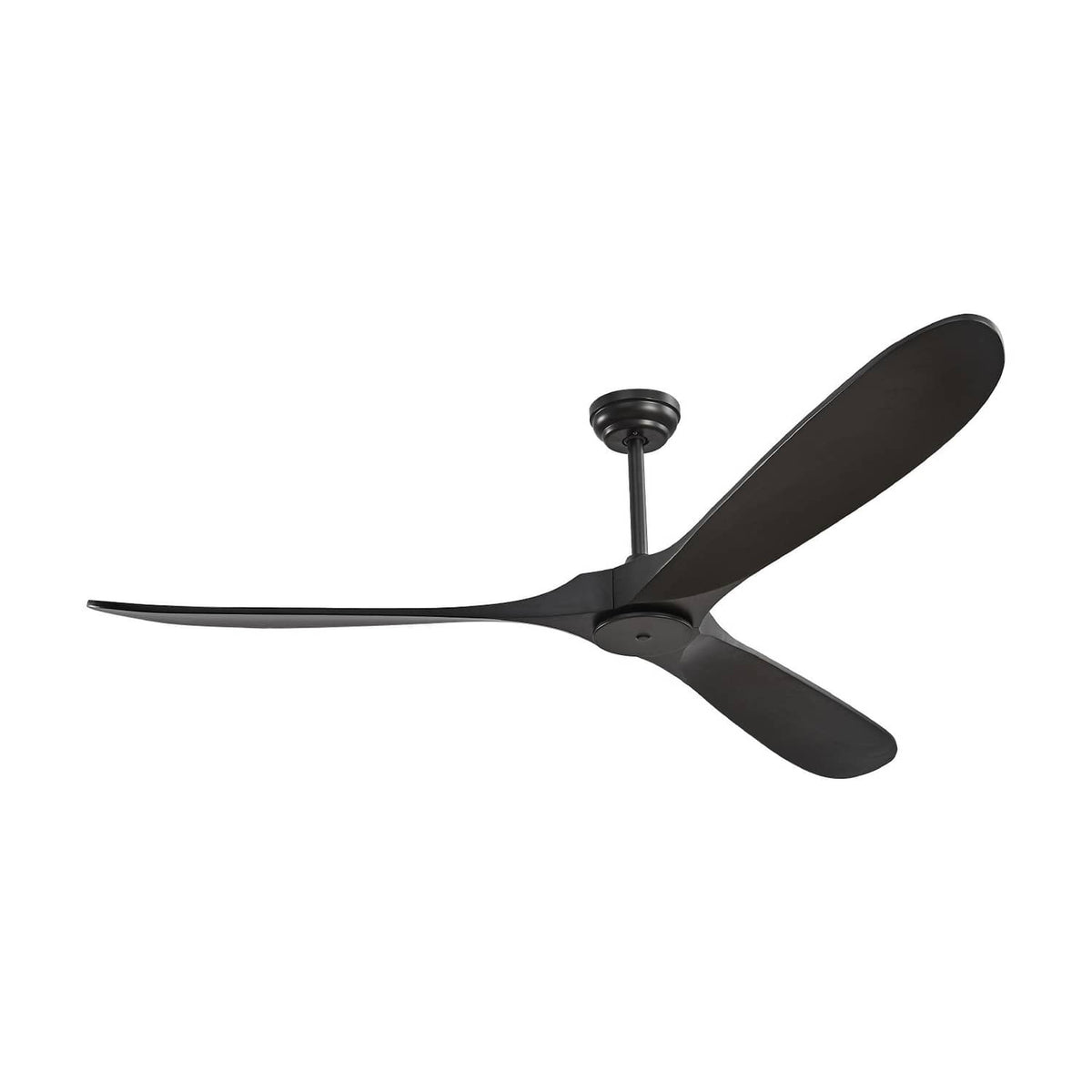 Black 3-blade ceiling fan angled profile with downrod and canopy