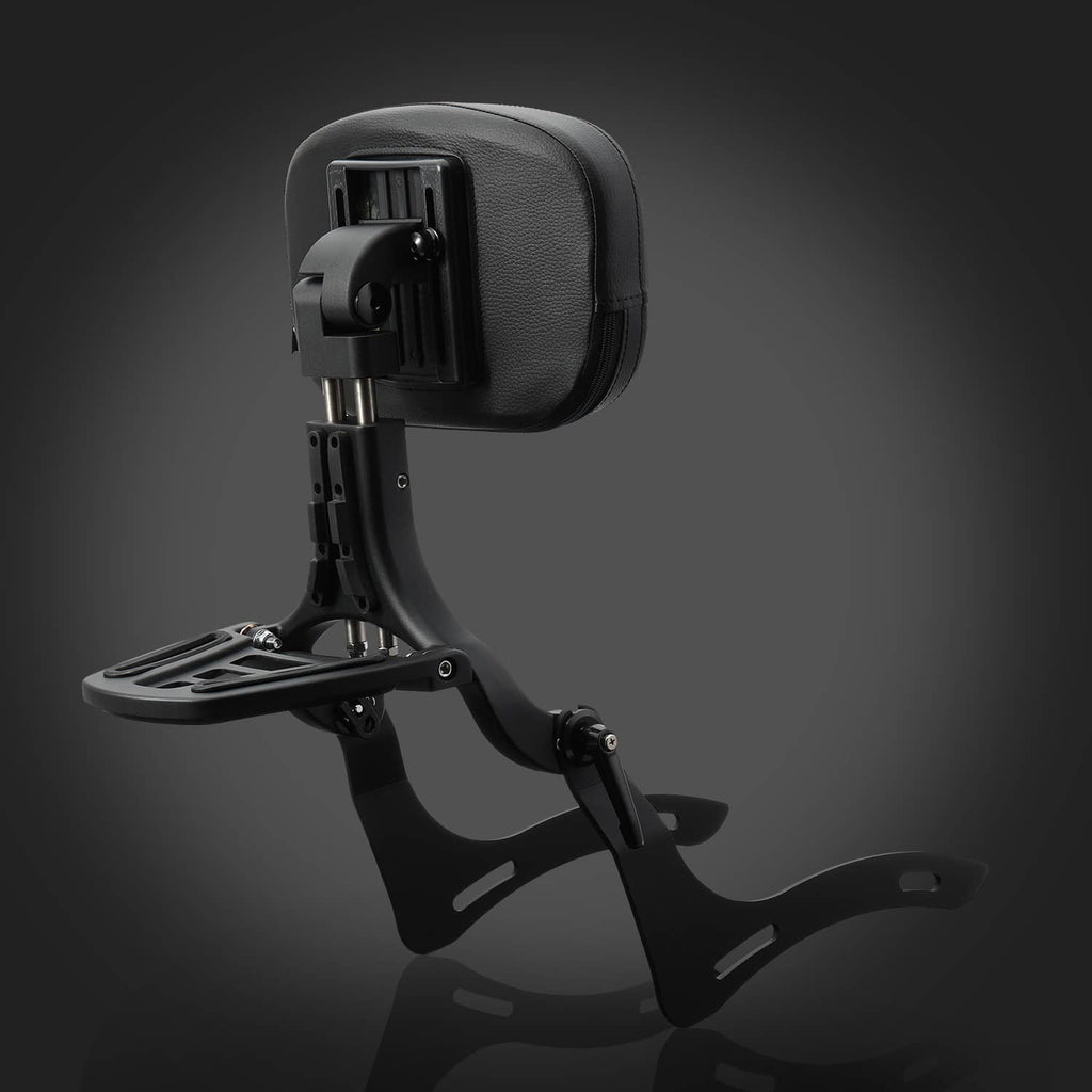 Black padded backrest with fold-out sissy bar and rear luggage rack mounting frame