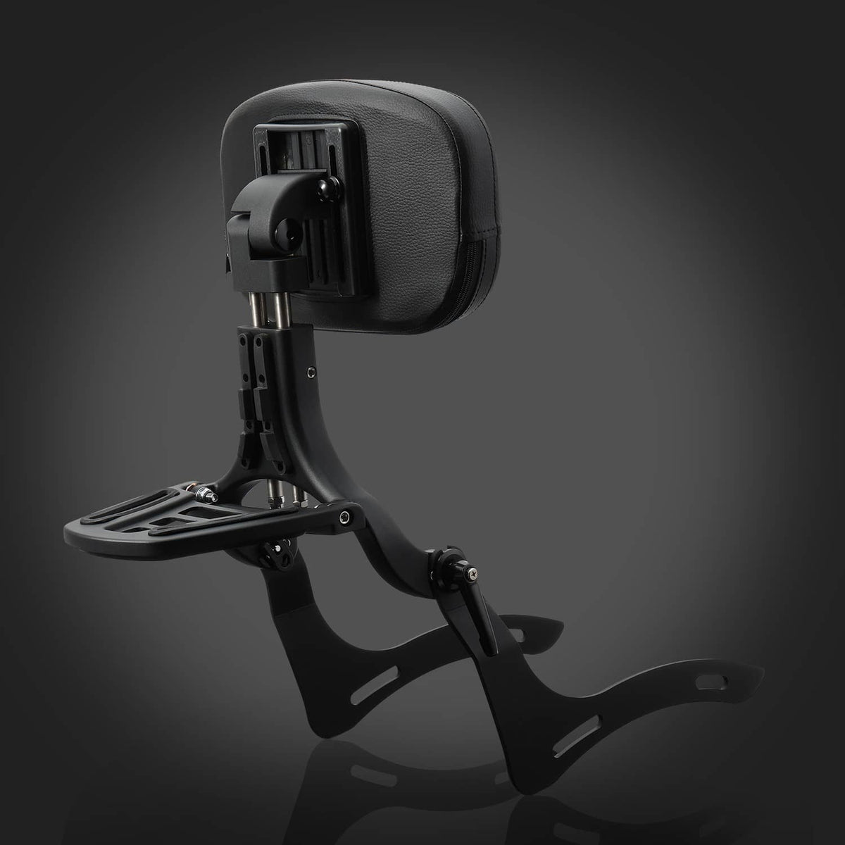 Black padded backrest with fold-out sissy bar and rear luggage rack mounting frame