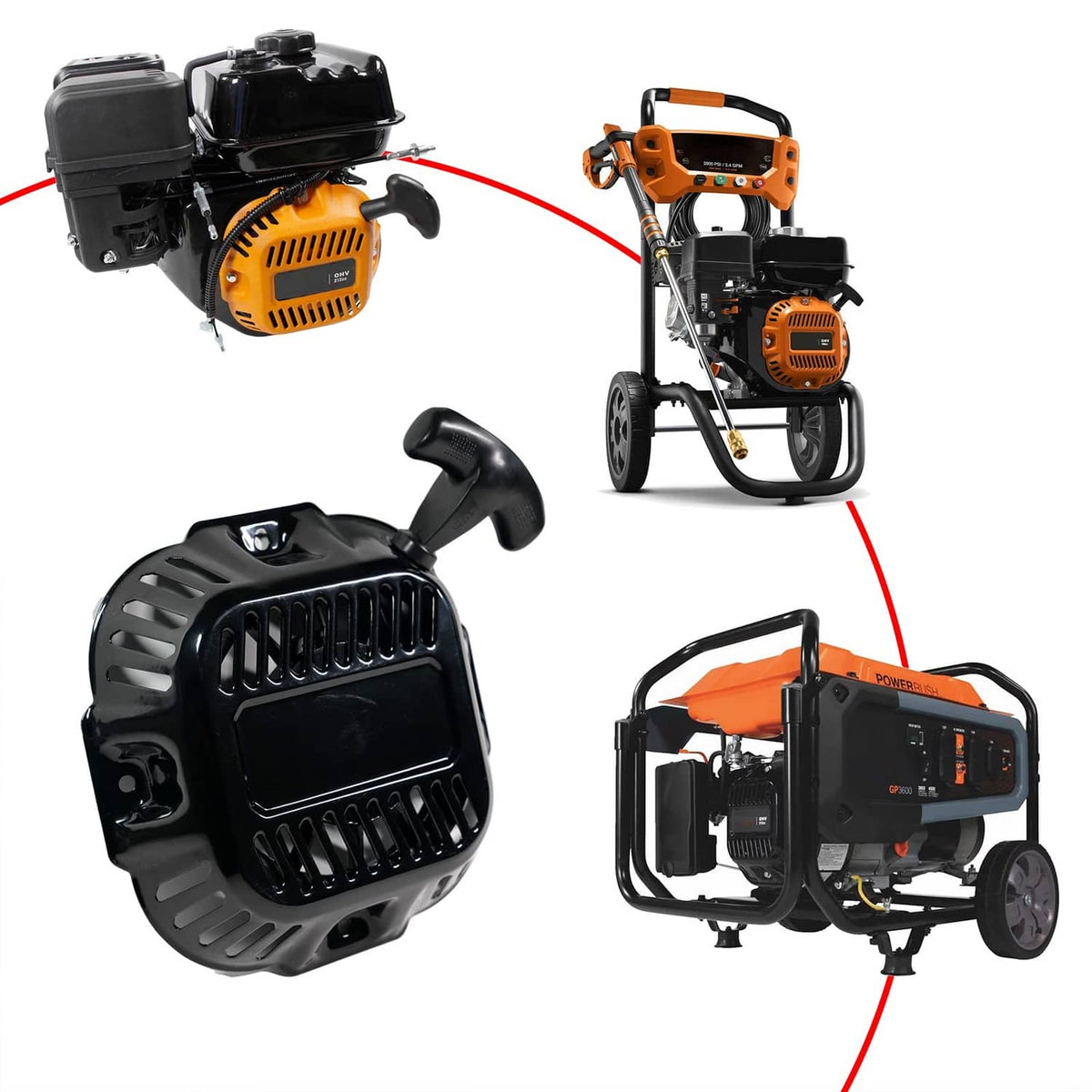 Recoil starter assembly kit shown with pull handle, cover, and mounting bolts