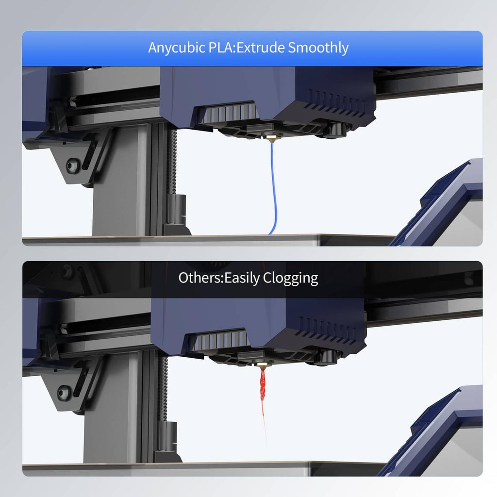 3D printer nozzle extruding filament in smooth and comparison views, grey PLA-focused