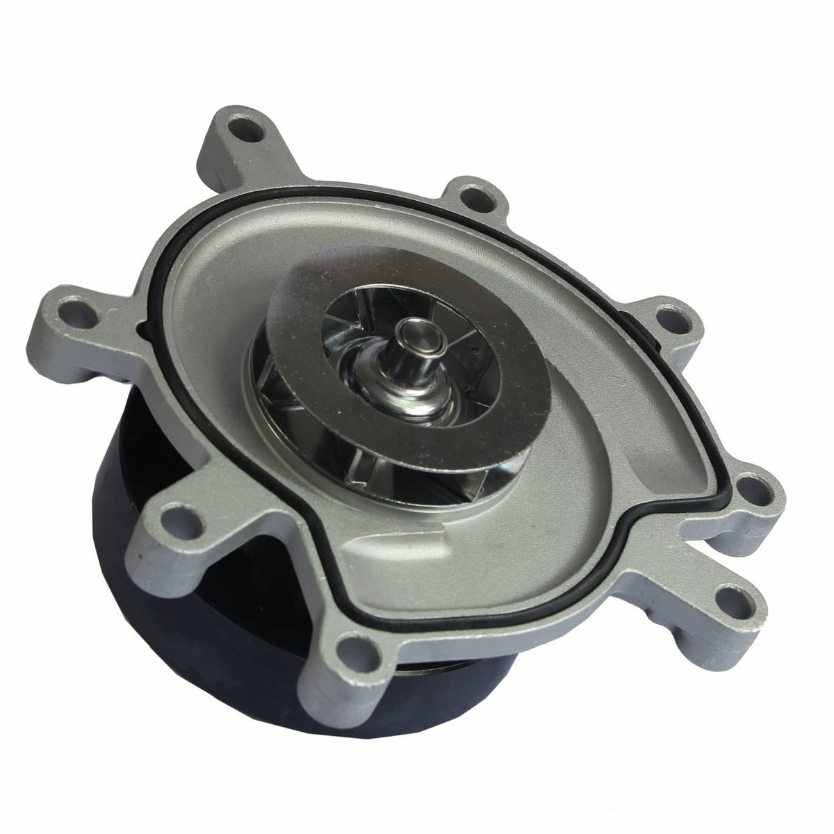 Engine water pump assembly with black housing and green-sealed center, silver side brackets