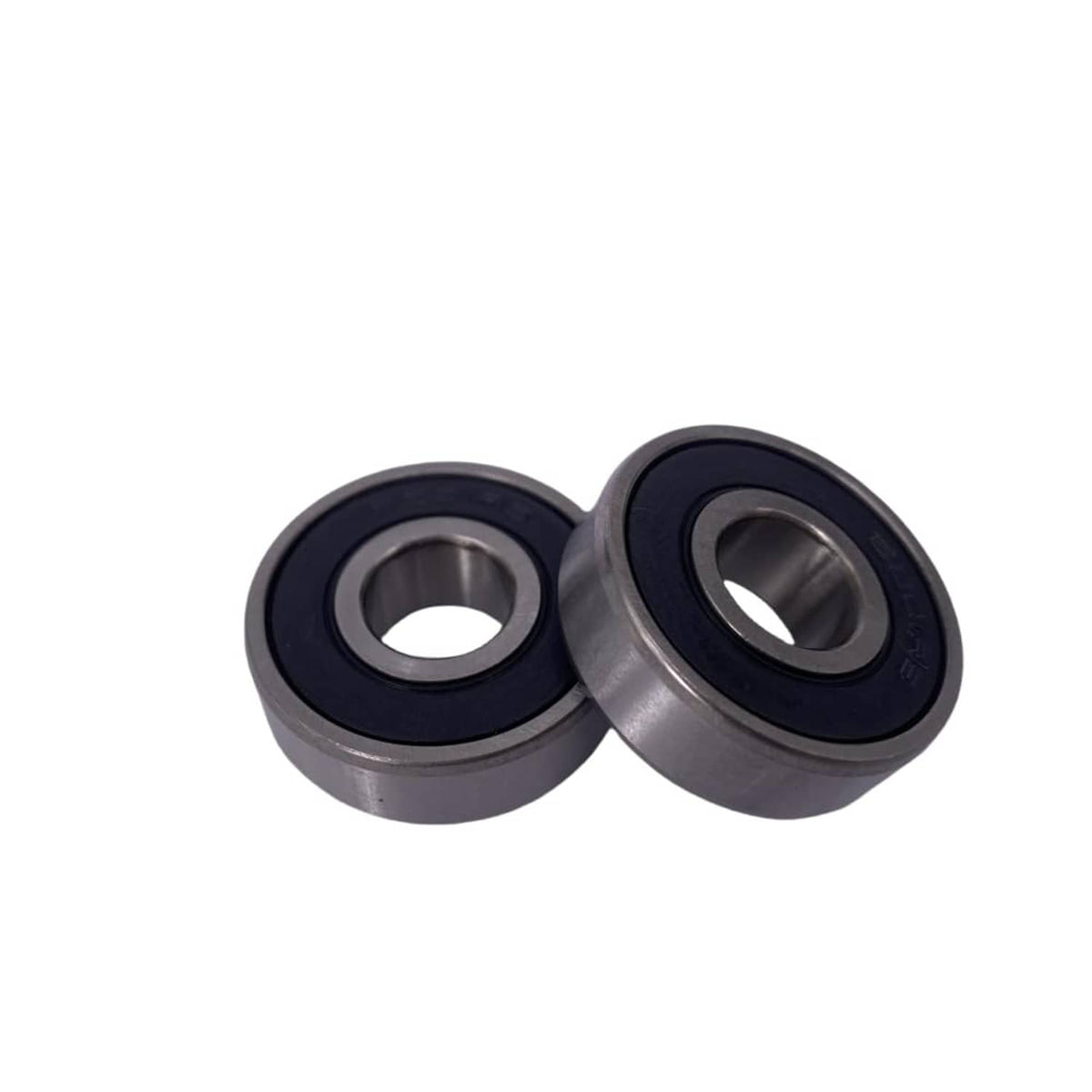 Two double-sealed deep groove ball bearings, metal outer rings with black rubber seals