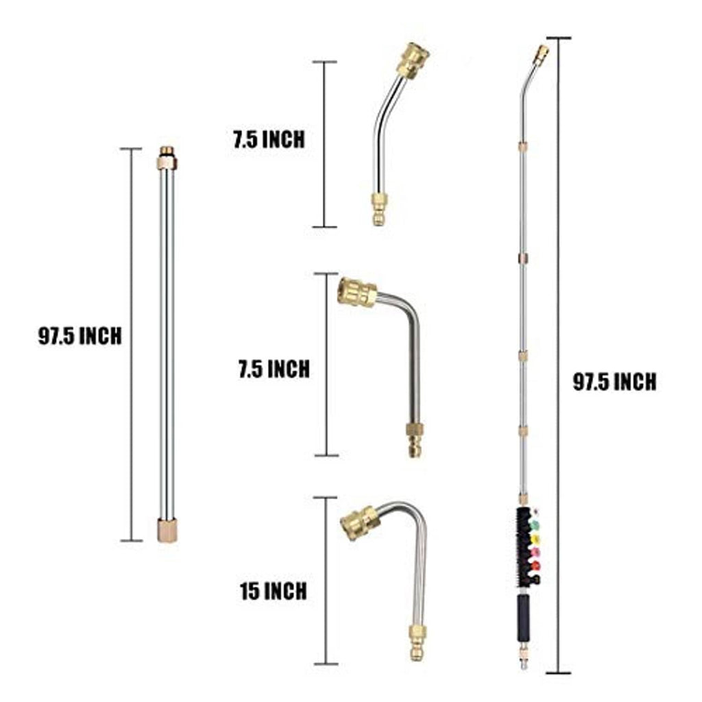 Pressure washer extension wand lengths with curved spray nozzles and brass fittings