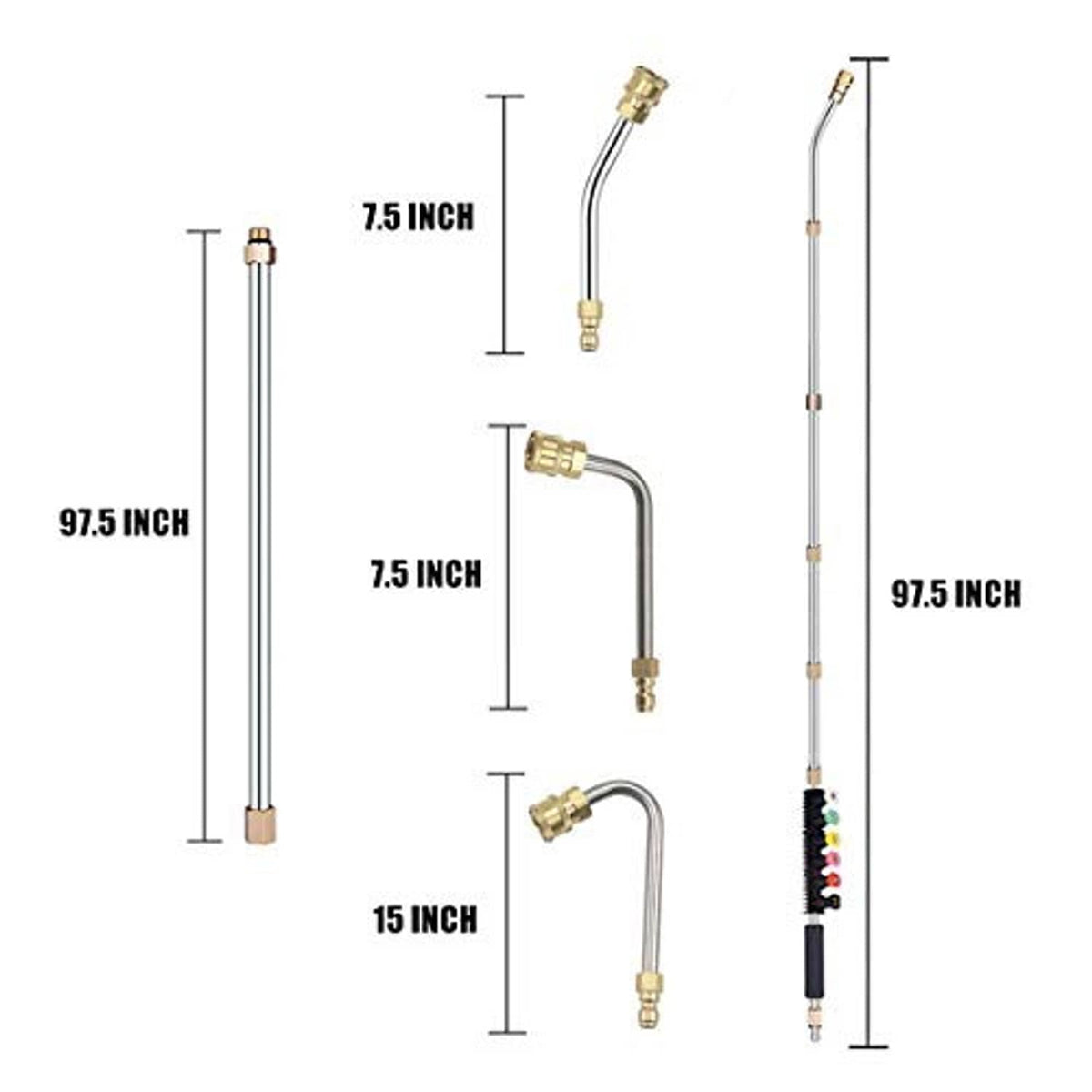 Pressure washer extension wand lengths with curved spray nozzles and brass fittings