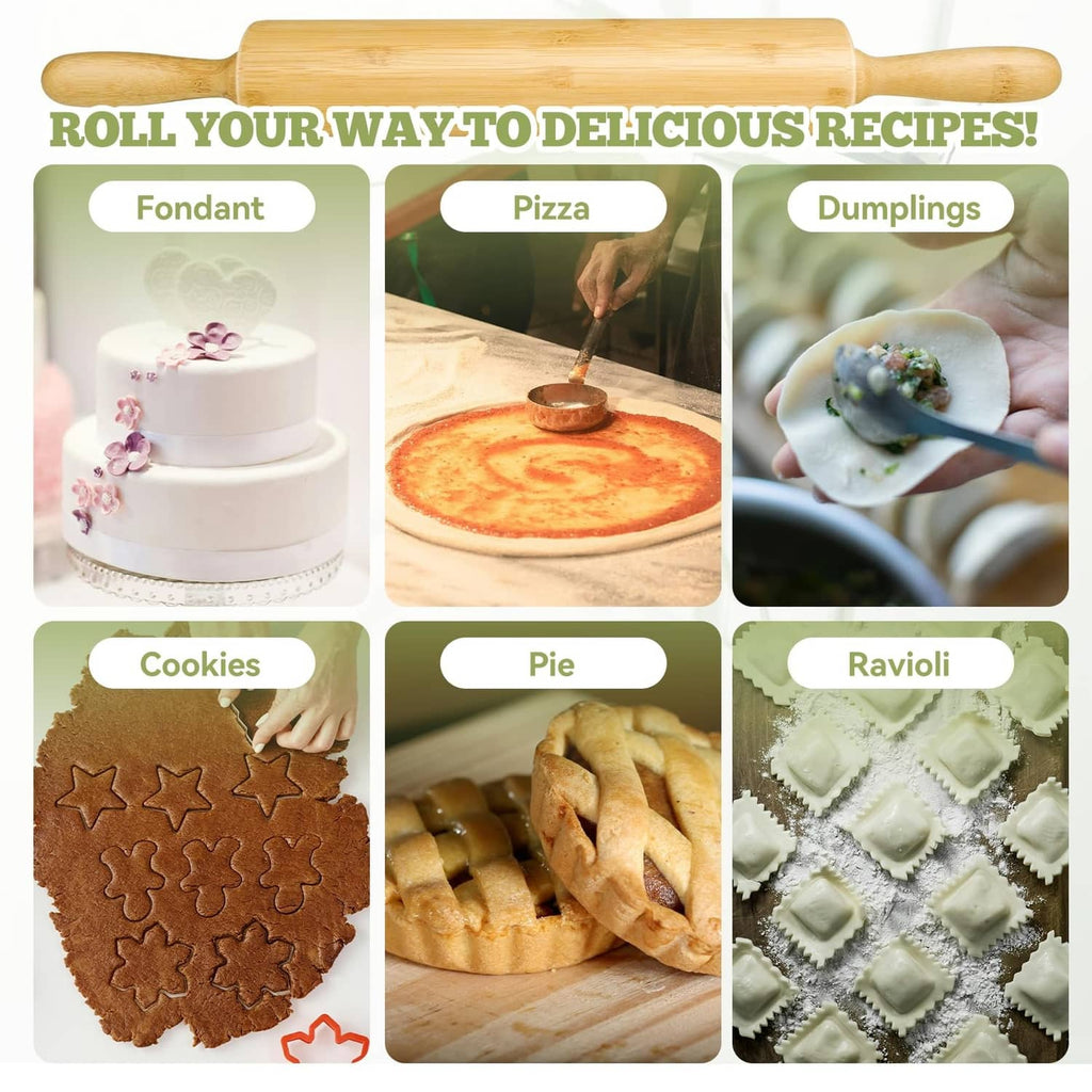 Bamboo rolling pin displayed above recipe tiles