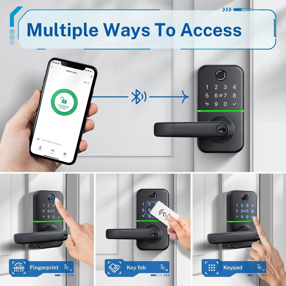 Black keypad door lock with handle and smartphone app control