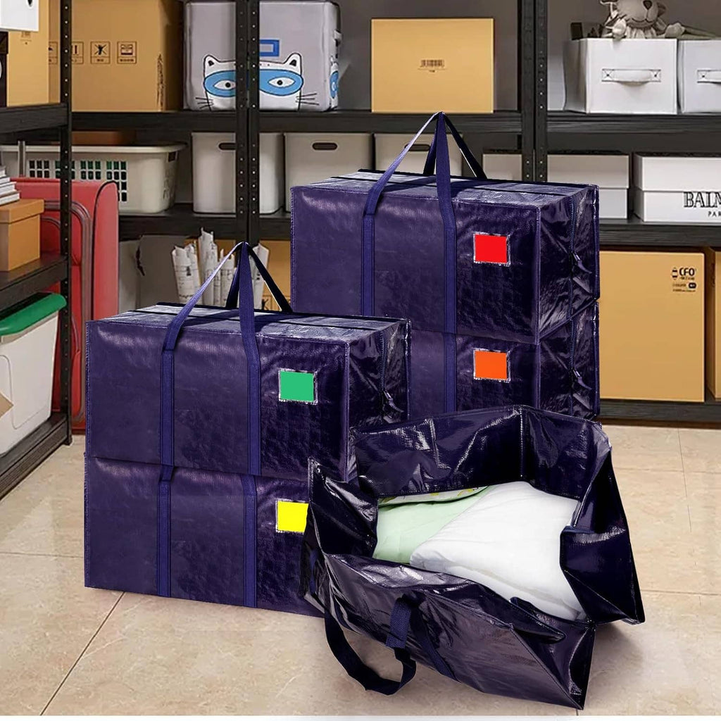 Multiple blue moving storage bags with handles and colored label patches in shelving area