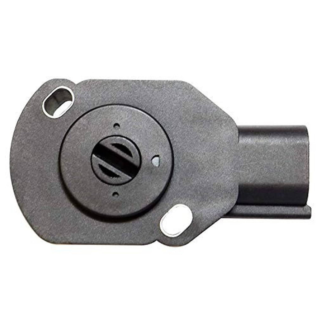 Throttle position sensor side view with circular adjustment dial and two mounting bolts