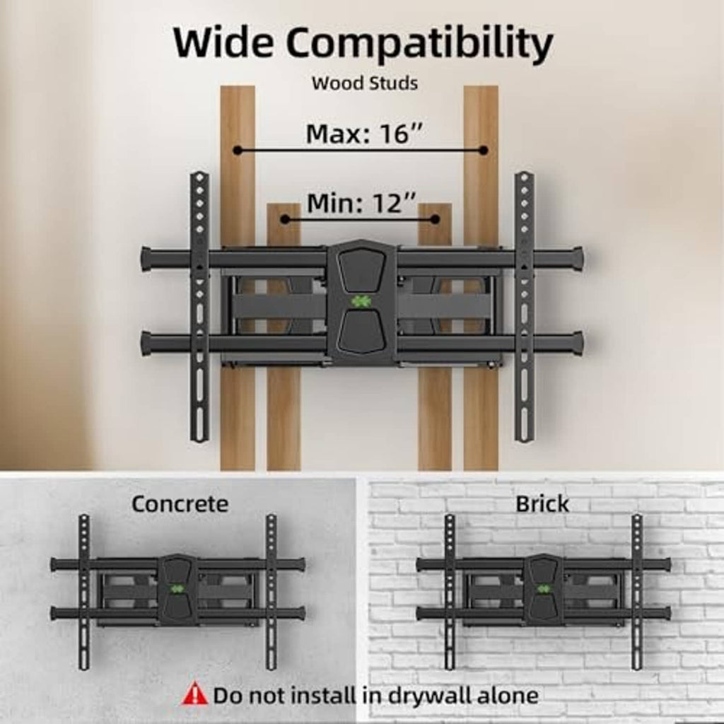 Black TV wall mount diagram showing stud, wood, concrete, and brick mounting