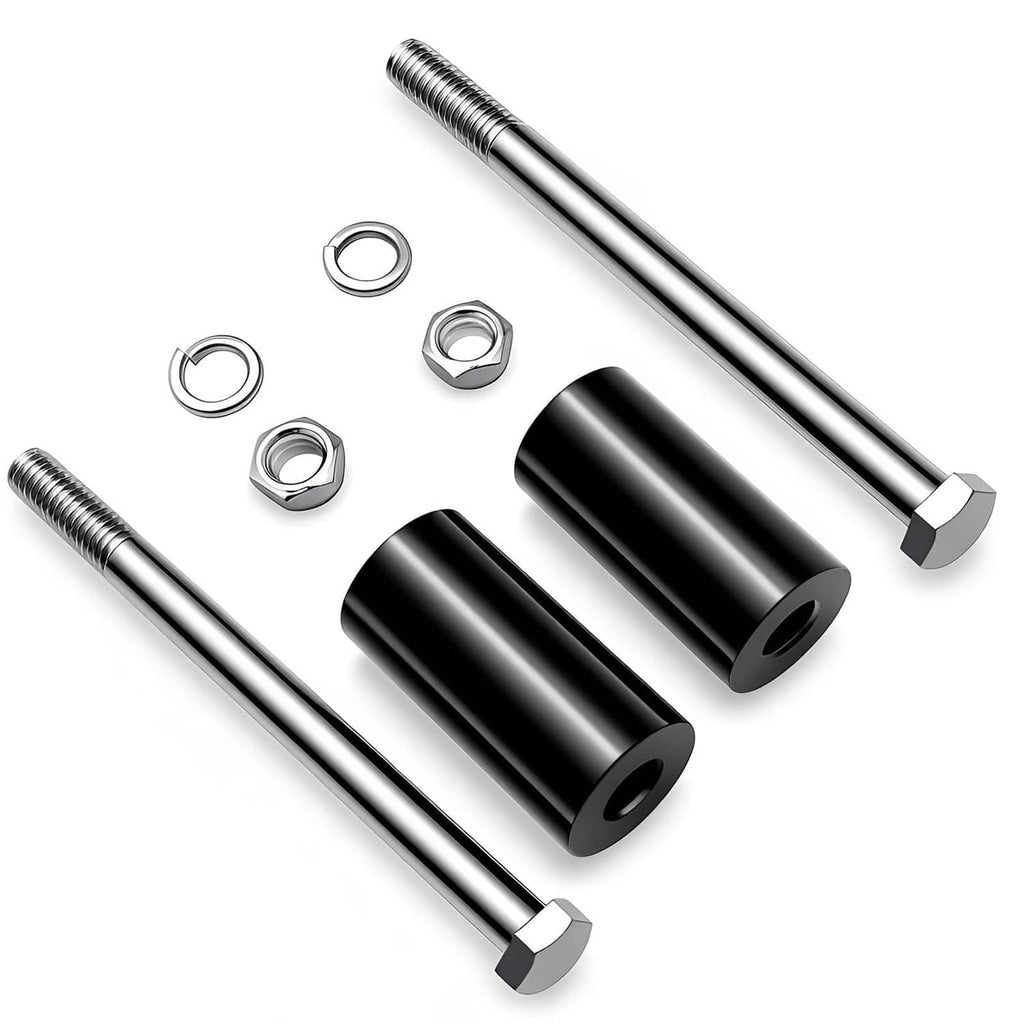 Black handlebar riser extension kit with two bolts, two sleeves, and mounting nuts.