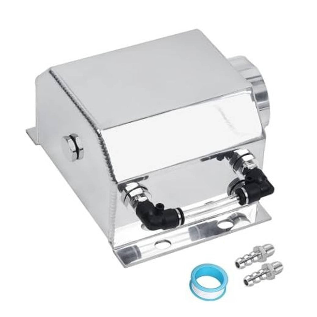 Silver coolant expansion overflow tank with black hose fittings and blue O-ring