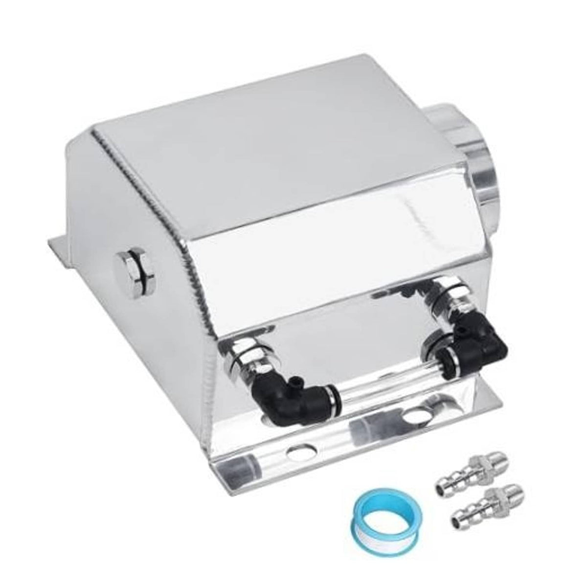 Silver coolant expansion overflow tank with black hose fittings and blue O-ring