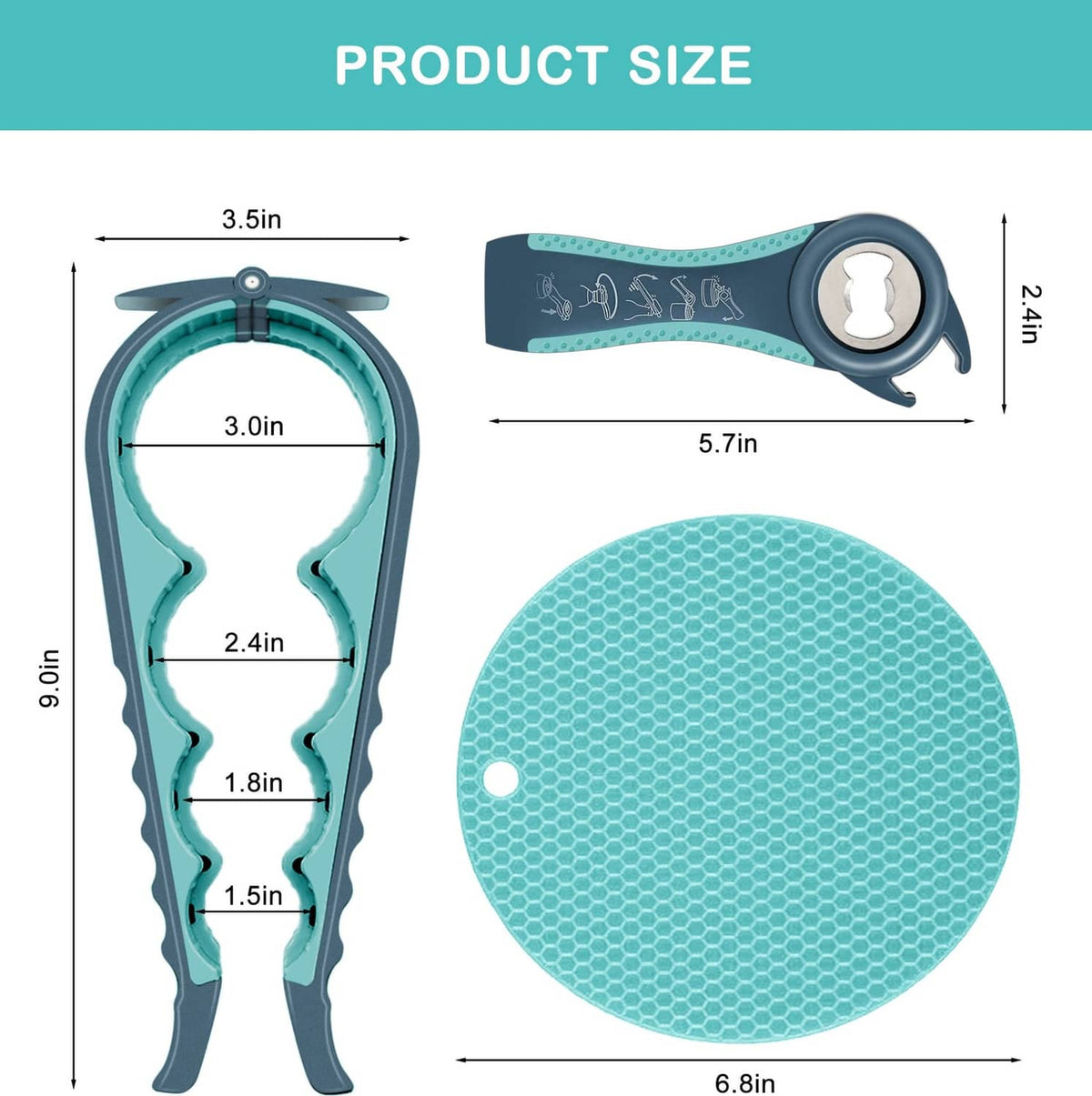 Blue jar opener and round grip pad shown with labeled dimensions