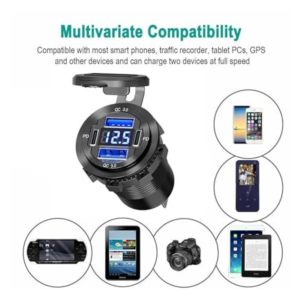 Rotating car USB charger socket with dual ports and blue voltage LED screen, black