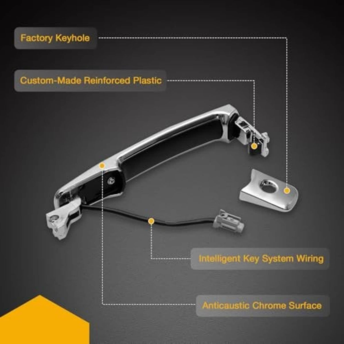 Exterior door handle with chrome finish, keyless switch, and wiring harness