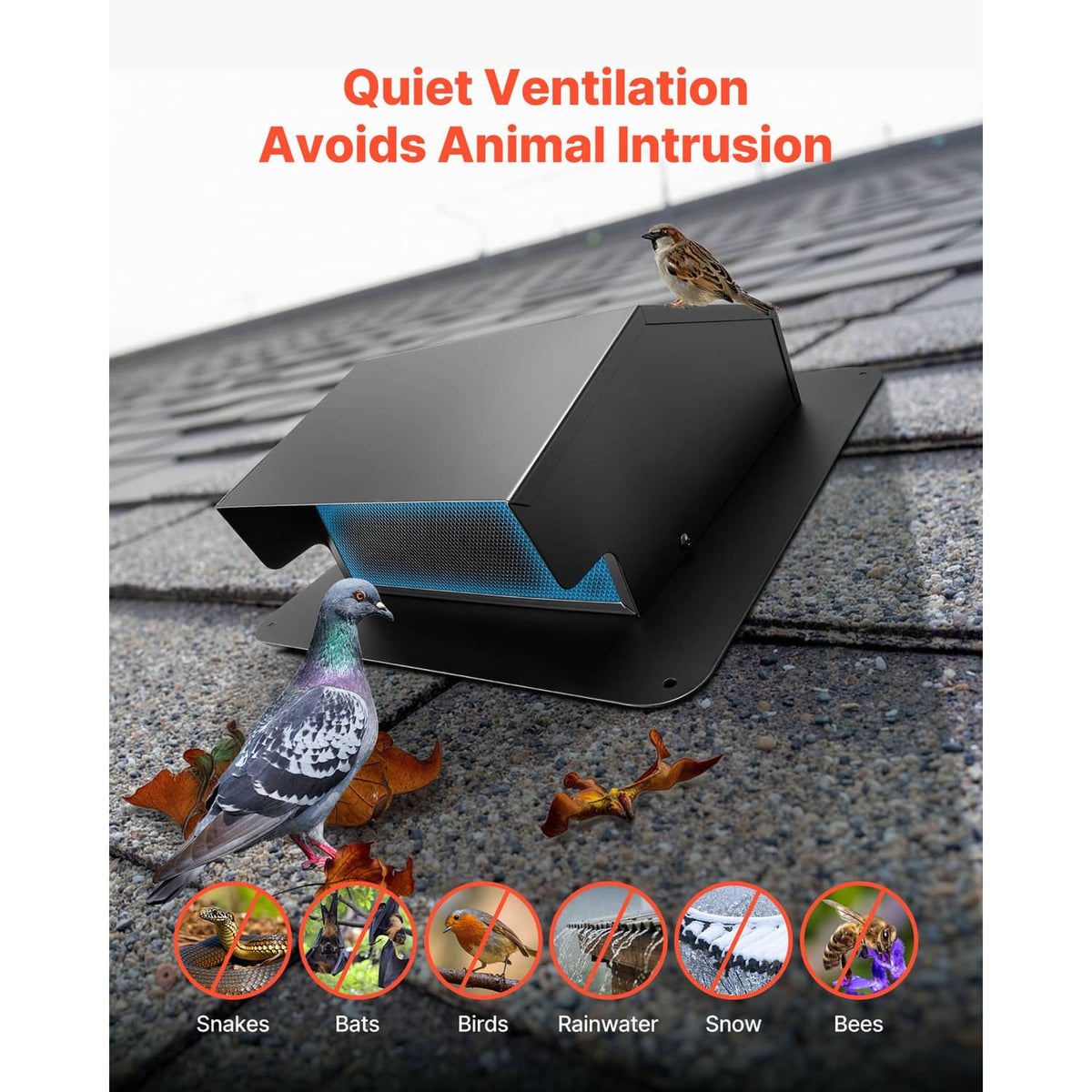 Black hooded vent cover with louver opening and curved base