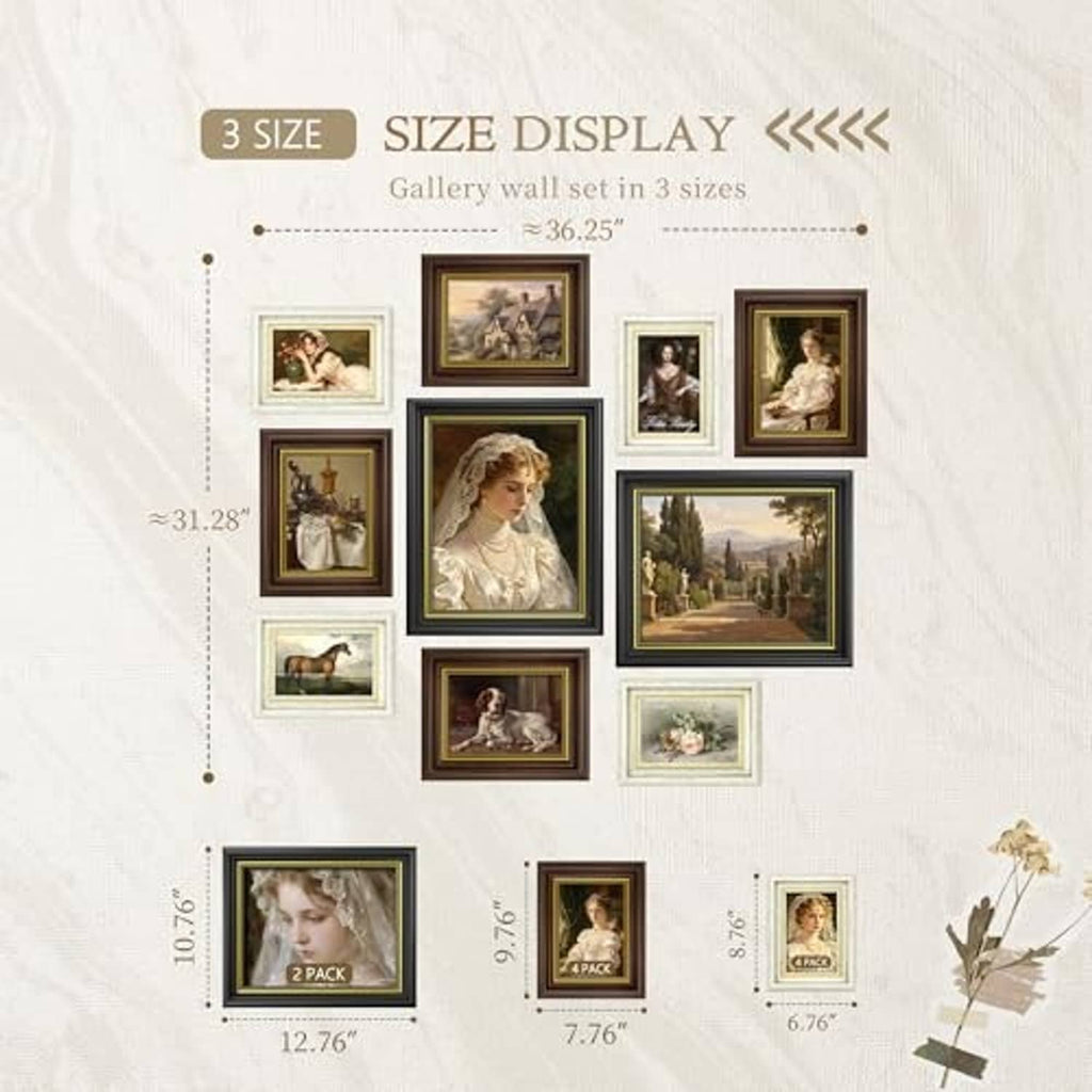 10-pack vintage photo frame set gallery layout with three size groupings shown