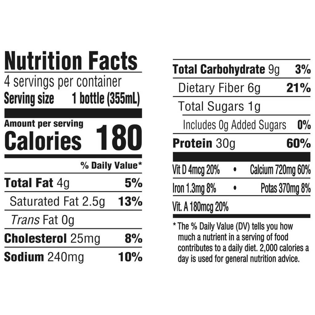 Oikos protein shake nutrition facts panel, 180 calories, 30g protein