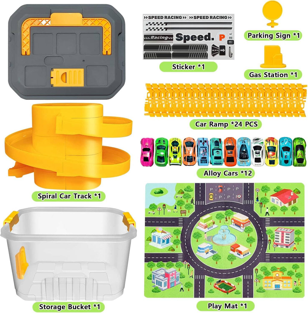 Car track storage playset parts set: bucket base, ramps, spiral track, play mat, stickers