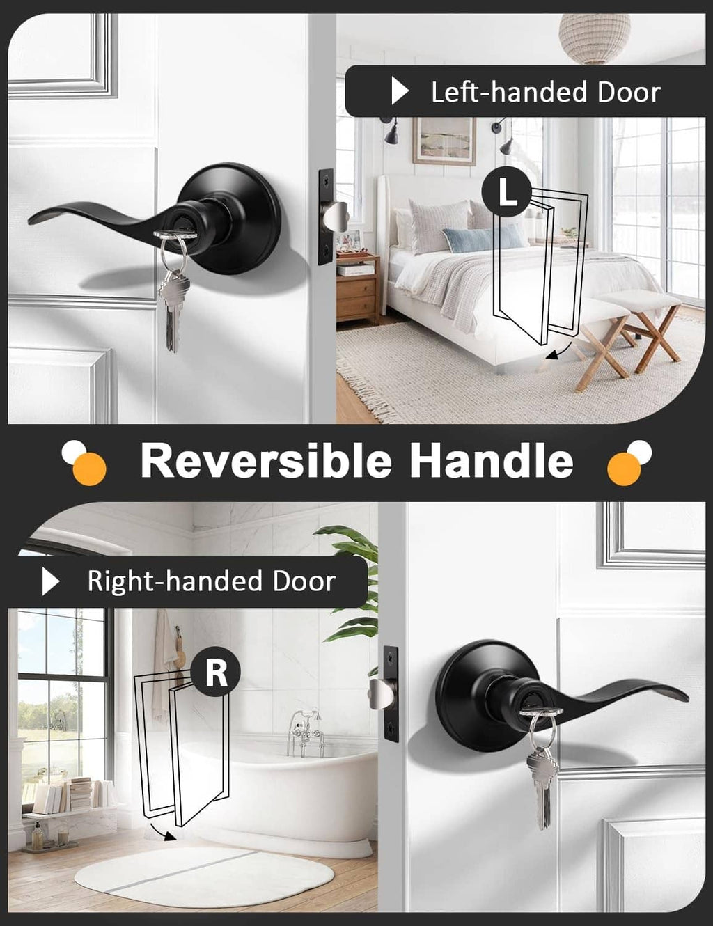 Matte black reversible door lever with key cylinder and keys