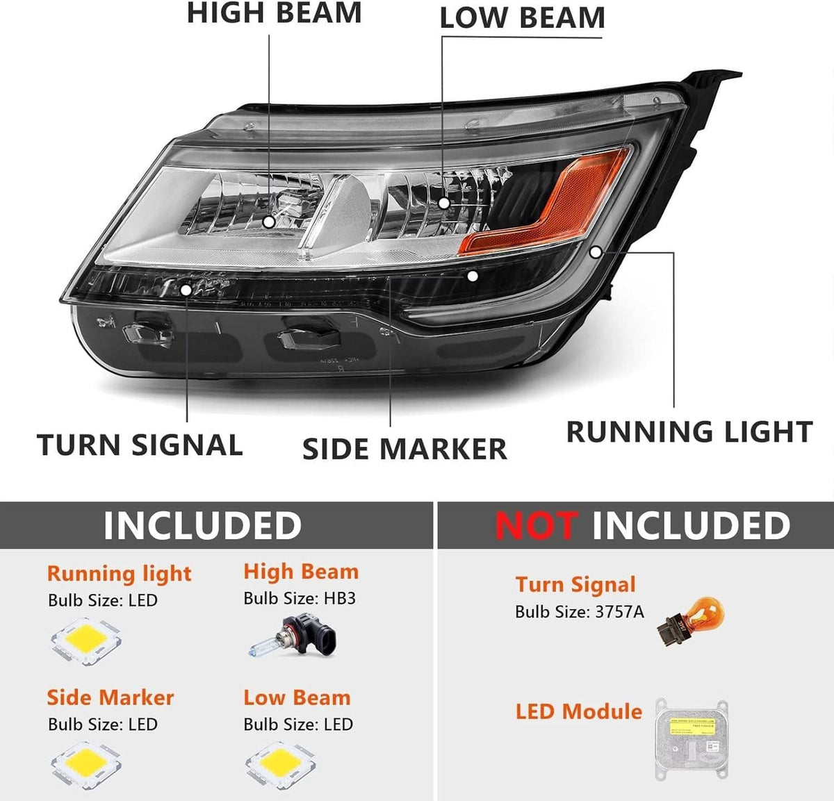 Left-side headlight assembly showing high beam, low beam, turn signal, and running light