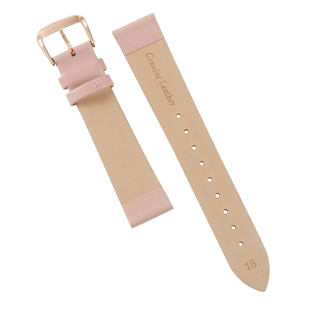 Pink leather watch band underside with holes and rose-gold buckle, 12mm