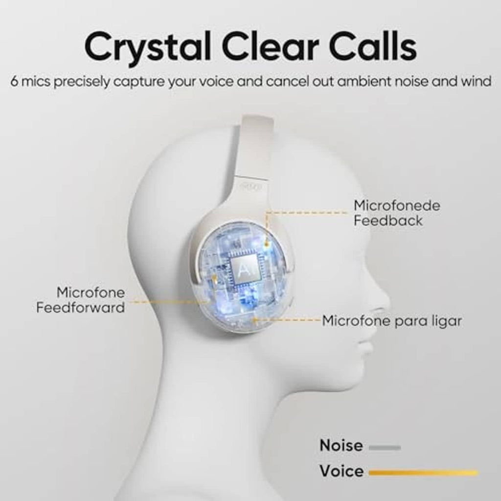 White over-ear Bluetooth headphones with built-in microphone near the ear cup.