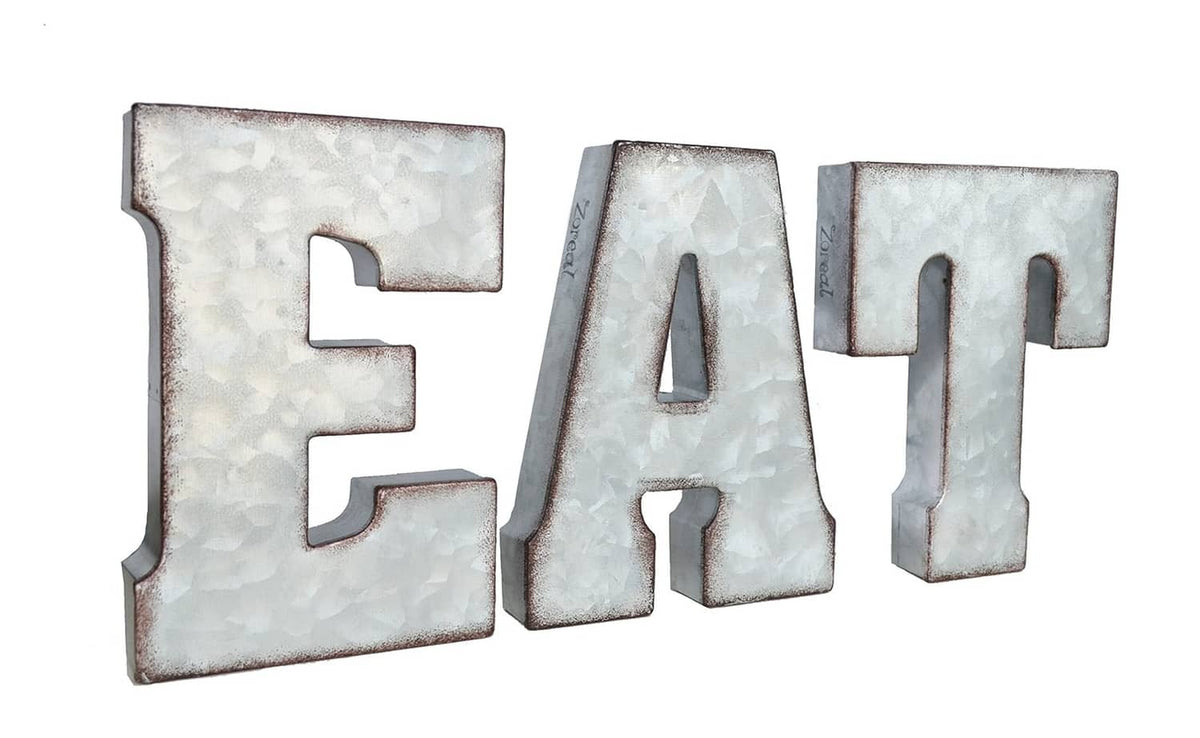 Rustic galvanized metal letter sign with E, A, T in silver