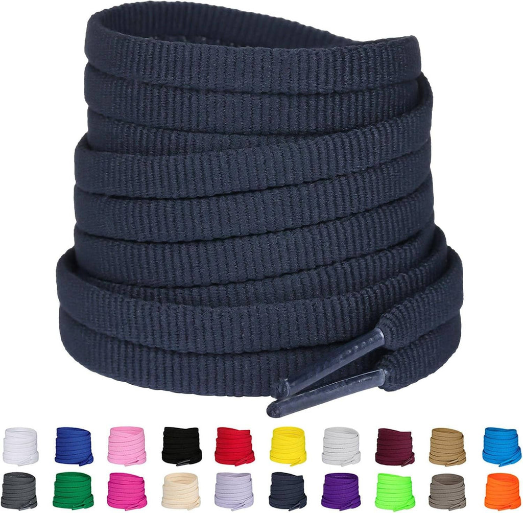 Navy flat shoelaces coiled into a stack with aglet ends and color options