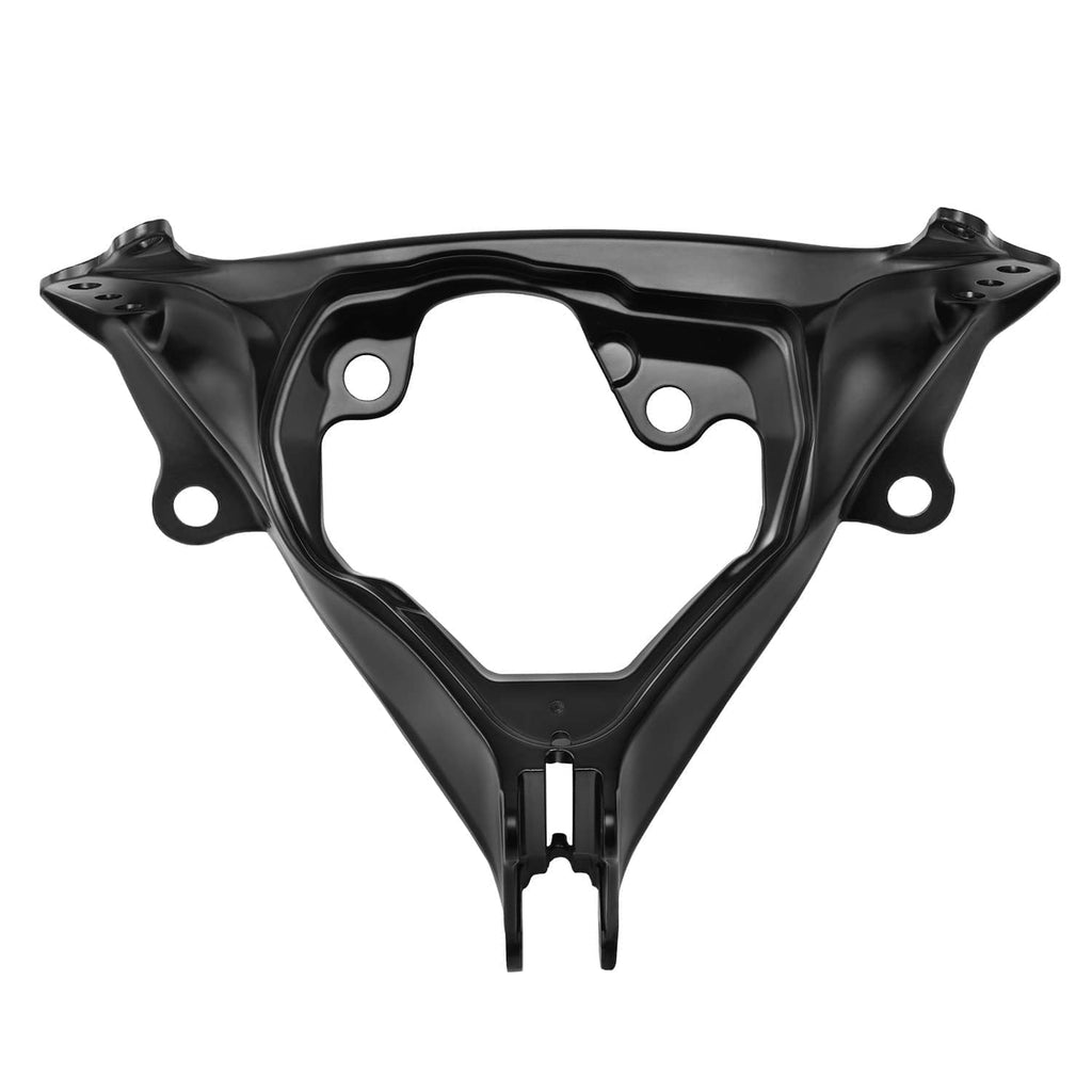 Black headlight fairing stay bracket front view with circular cutouts and tabs