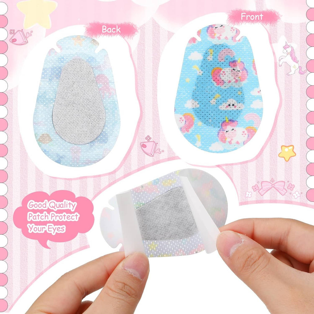Hands holding kids adhesive eye patches: blue printed front with fabric backing