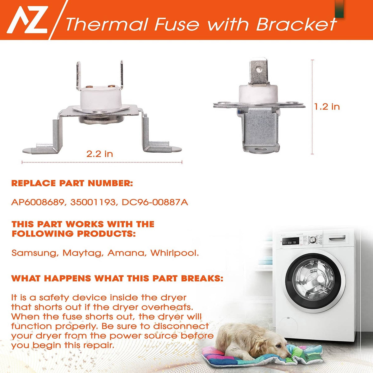 Dryer thermal fuse with bracket, metal housing, and two electrical prongs
