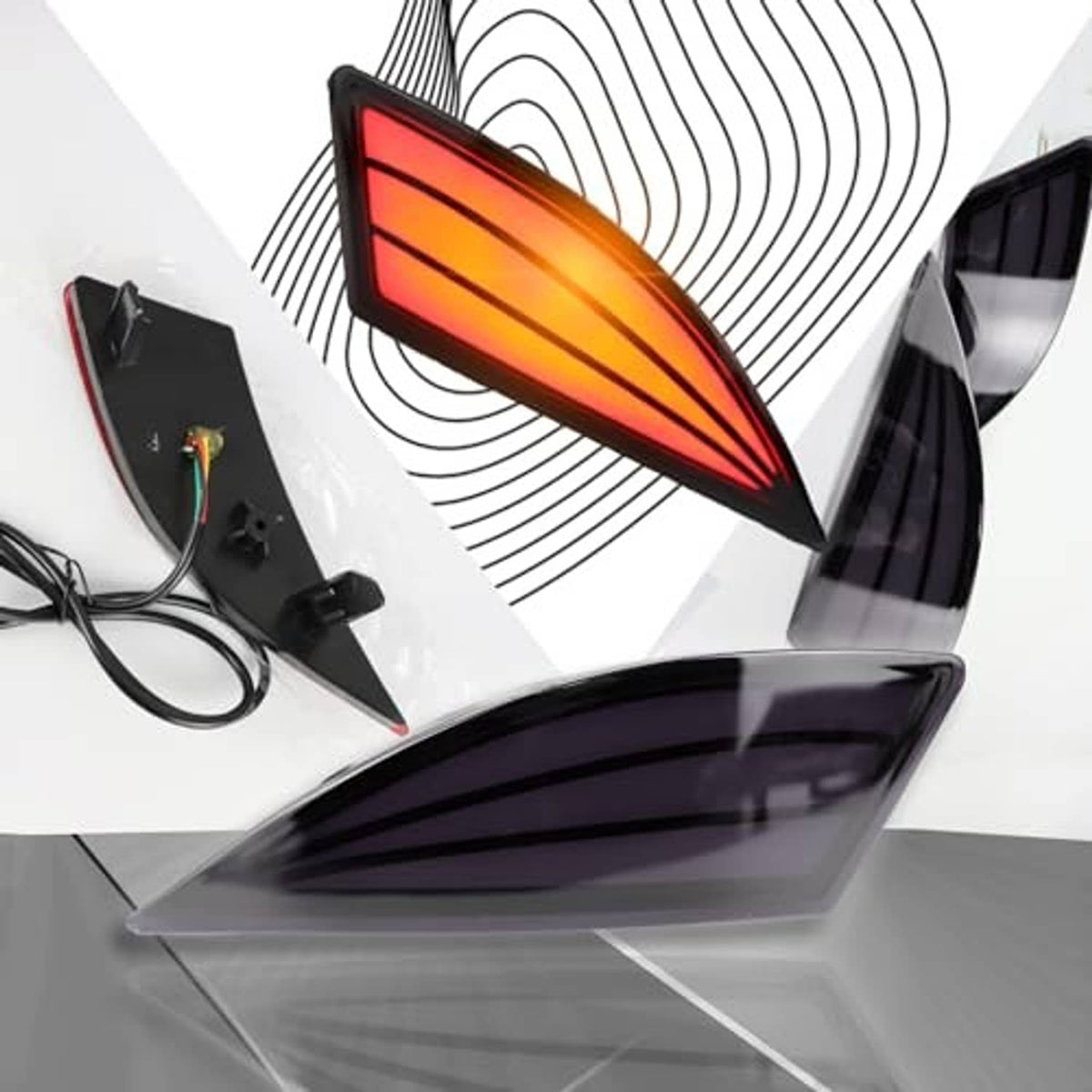 Smoked LED rear reflector with red glowing lens and connected wiring harness