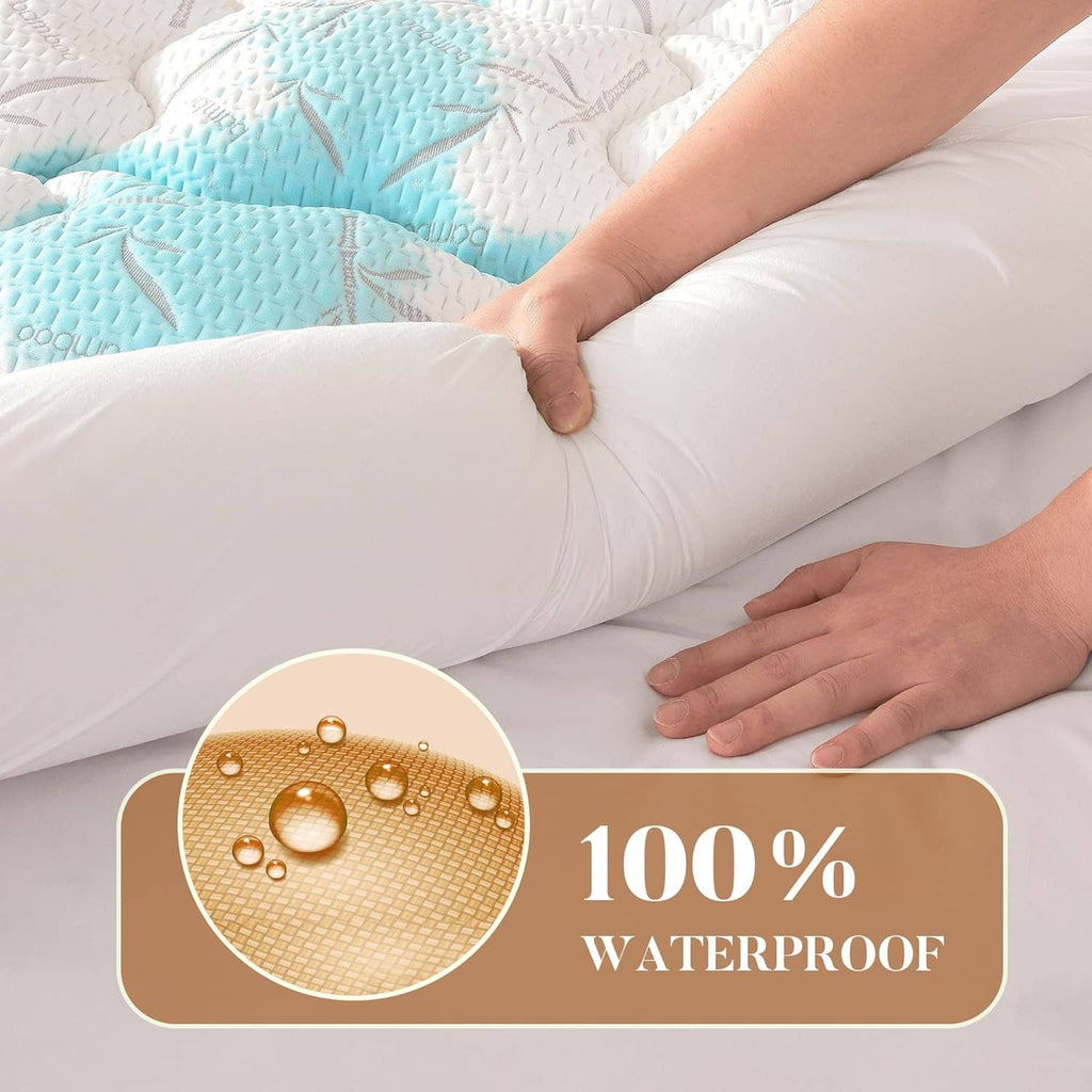 White quilted mattress topper with thick pillow-top and waterproof backing