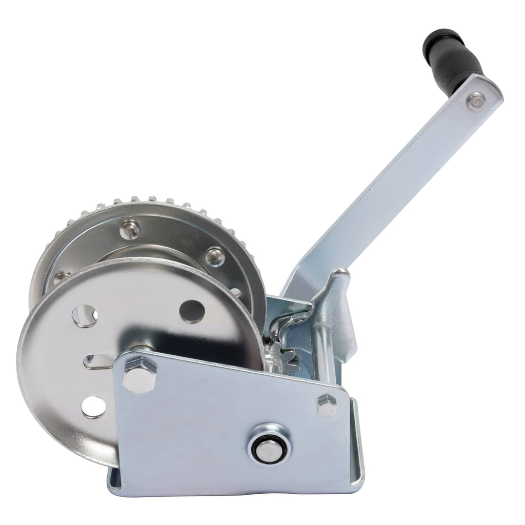 Close view of drum and mounting bracket on galvanized hand winch with crank bar