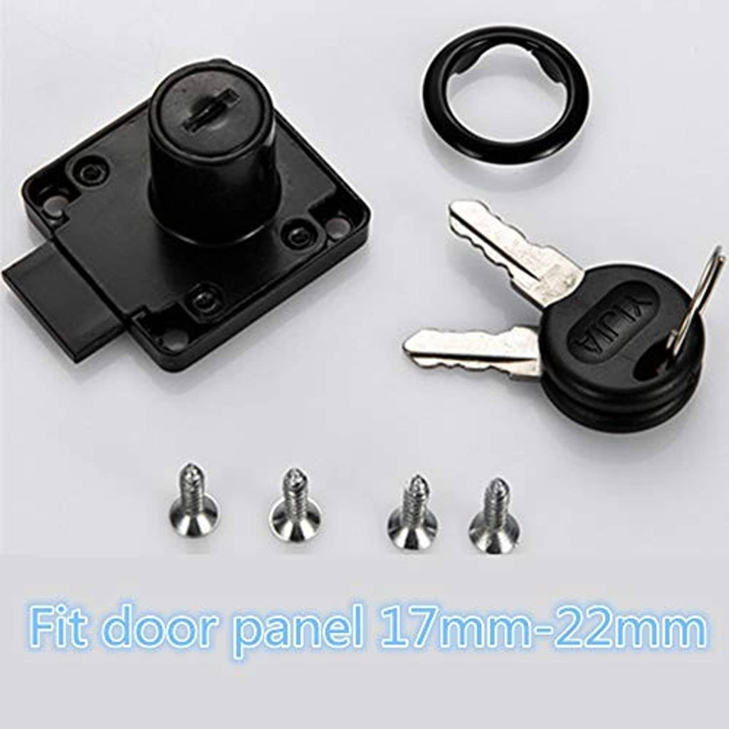 Black lock with two keys, mounting ring, and four screws on base plate