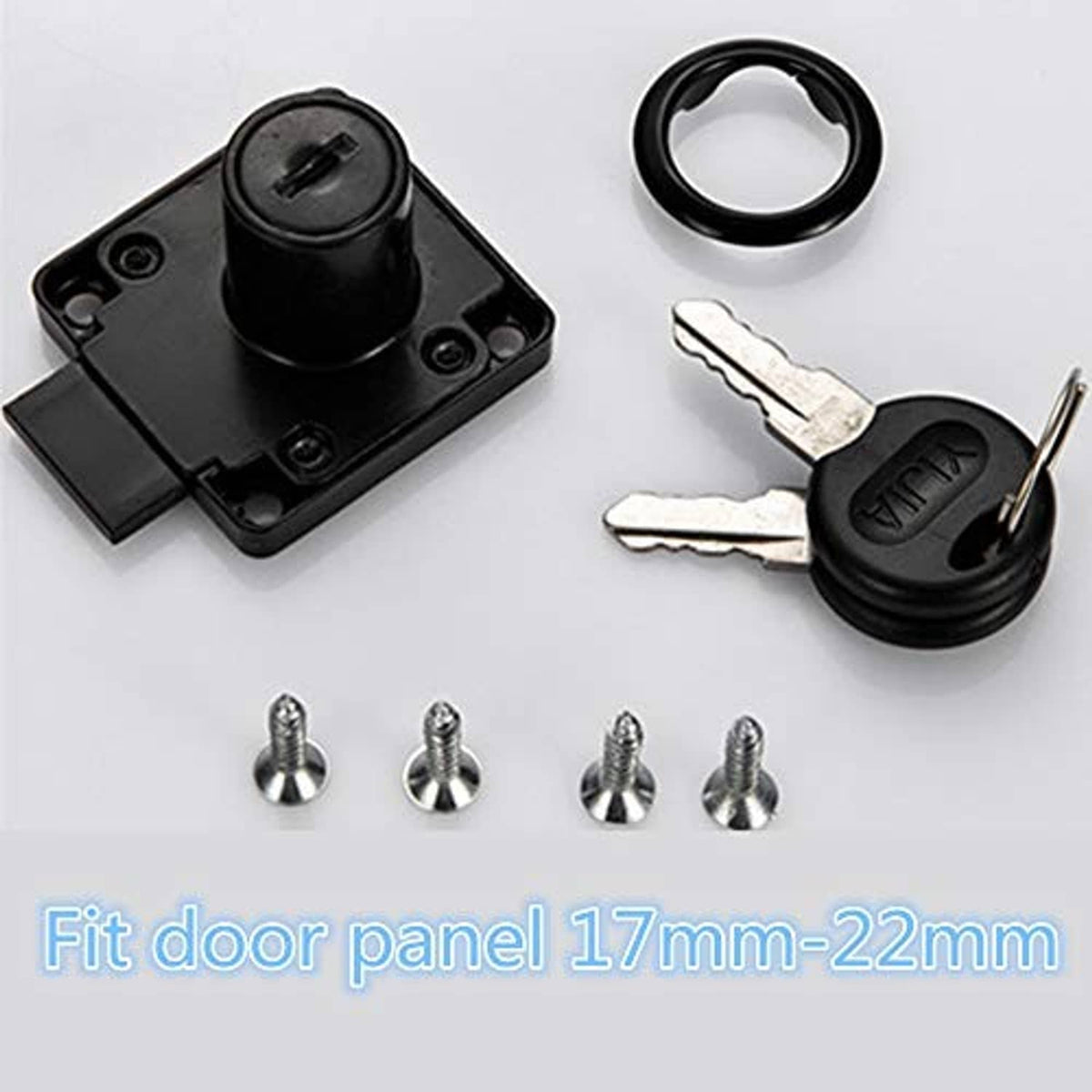 Black lock with two keys, mounting ring, and four screws on base plate