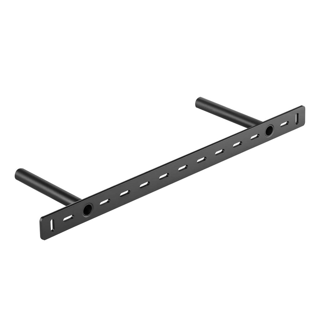 Floating shelf bracket, matte black perforated rail with mounting holes and support tube