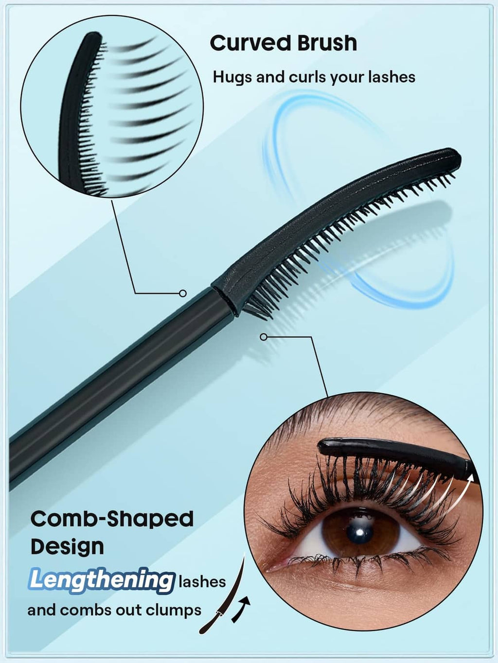 Black comb-shaped mascara wand with curved bristle brush