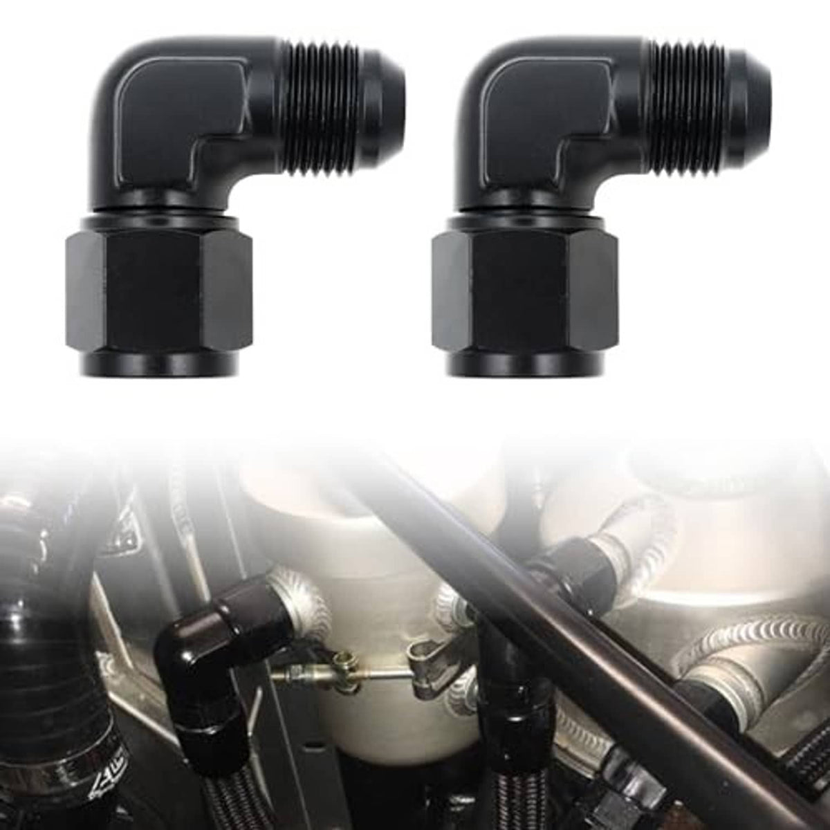Two 90° black AN swivel elbow fittings with external threads and flare base
