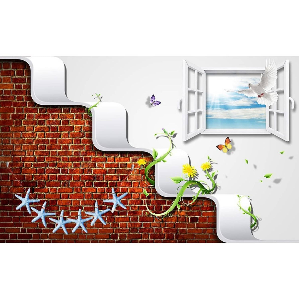 Multiple light blue starfish ornaments scattered along a decorative wall