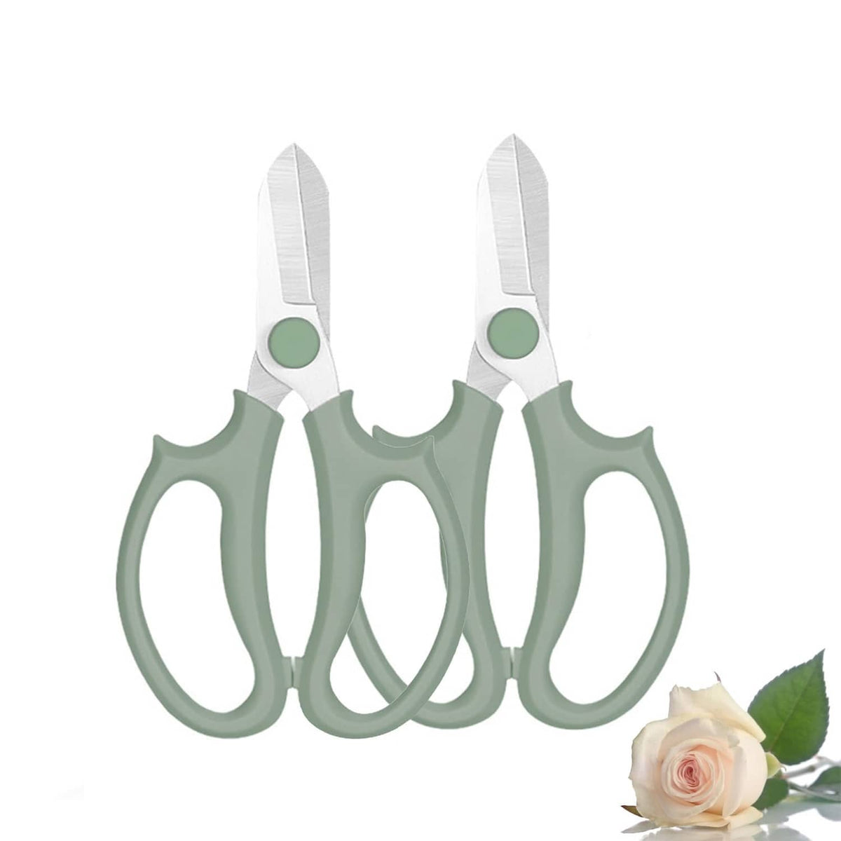 Green flower scissors with two curved loop handles and stainless steel blades