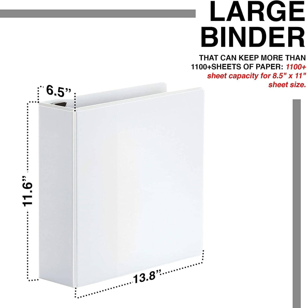 Large 3-ring binder dimensions shown: 11.6 in x 13.8 in x 6.5 in