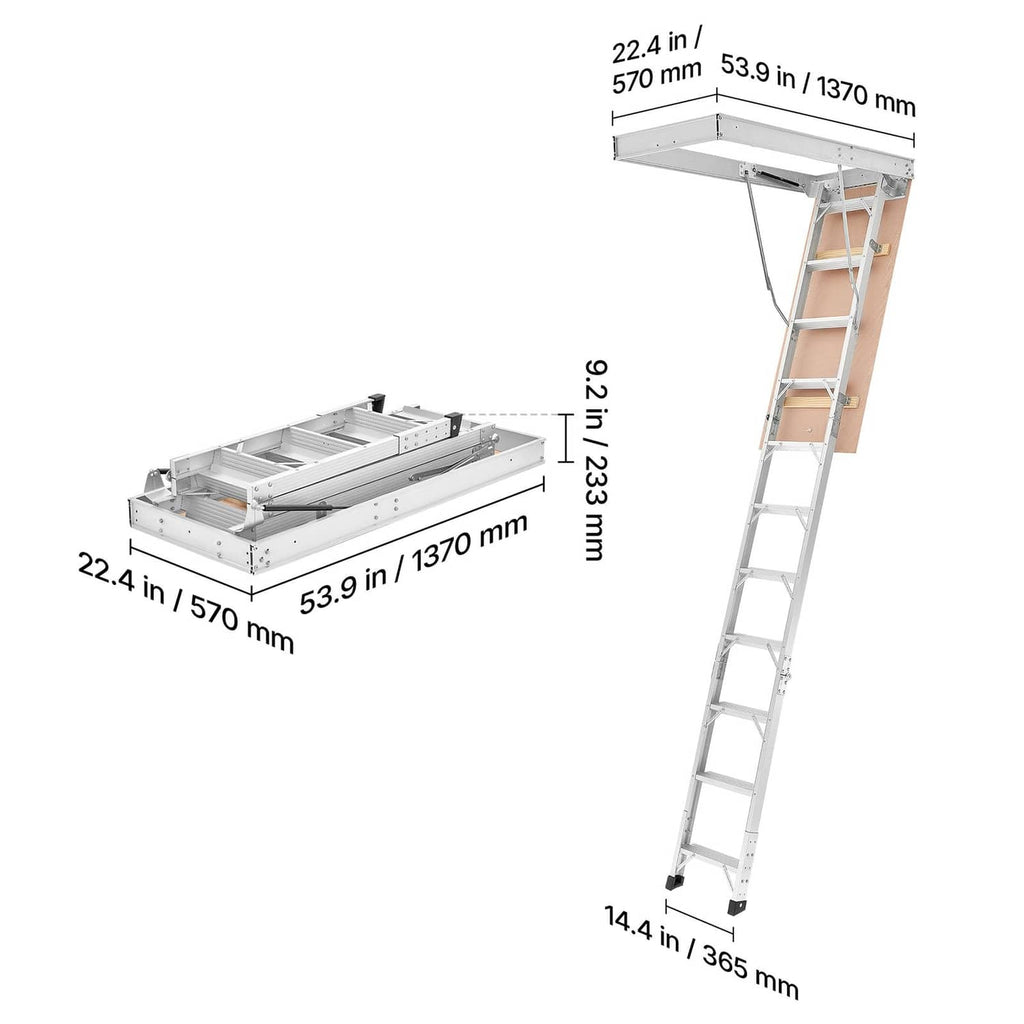 Aluminum folding attic ladder extended with light wood hatch panel