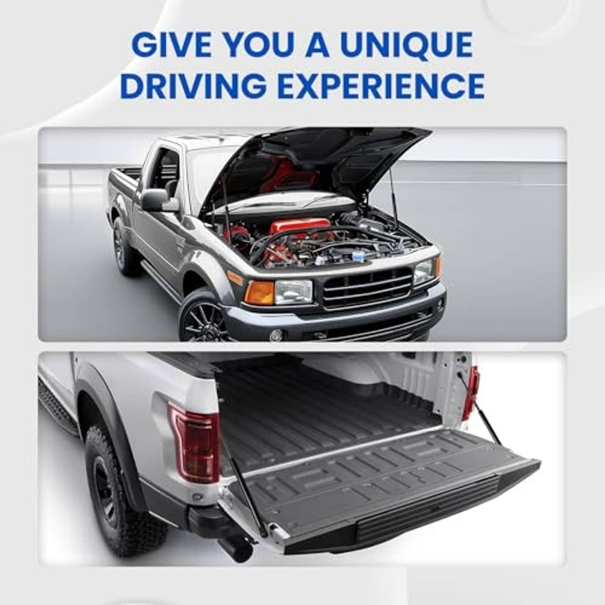 Hood struts supporting open hood on a pickup, shown in use